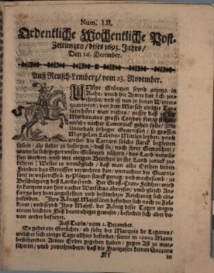 Ordentliche wochentliche Post-Zeitungen Samstag 26. Dezember 1693