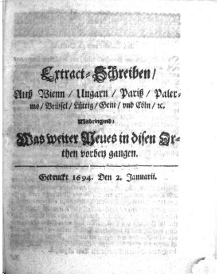 Mercurii Relation, oder wochentliche Reichs Ordinari Zeitungen, von underschidlichen Orthen (Süddeutsche Presse) Samstag 2. Januar 1694