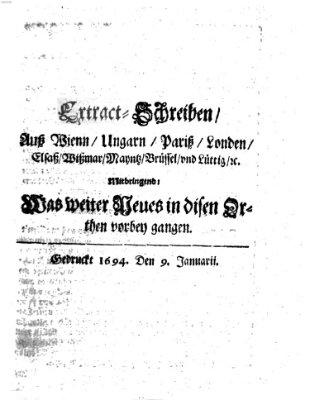 Mercurii Relation, oder wochentliche Reichs Ordinari Zeitungen, von underschidlichen Orthen (Süddeutsche Presse) Samstag 9. Januar 1694