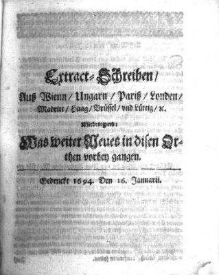 Mercurii Relation, oder wochentliche Reichs Ordinari Zeitungen, von underschidlichen Orthen (Süddeutsche Presse) Samstag 16. Januar 1694