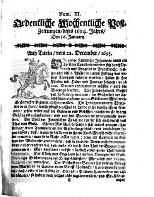 Ordentliche wochentliche Post-Zeitungen Samstag 16. Januar 1694