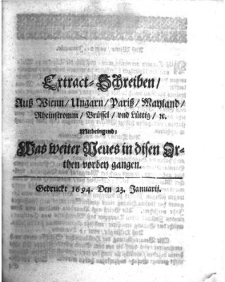 Mercurii Relation, oder wochentliche Reichs Ordinari Zeitungen, von underschidlichen Orthen (Süddeutsche Presse) Samstag 23. Januar 1694