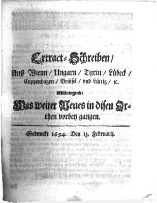 Mercurii Relation, oder wochentliche Reichs Ordinari Zeitungen, von underschidlichen Orthen (Süddeutsche Presse) Samstag 13. Februar 1694