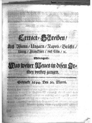 Mercurii Relation, oder wochentliche Reichs Ordinari Zeitungen, von underschidlichen Orthen (Süddeutsche Presse) Samstag 20. März 1694