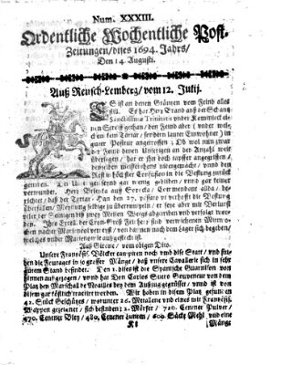 Ordentliche wochentliche Post-Zeitungen Samstag 14. August 1694