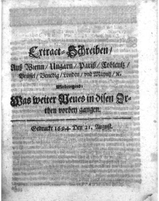 Mercurii Relation, oder wochentliche Reichs Ordinari Zeitungen, von underschidlichen Orthen (Süddeutsche Presse) Samstag 21. August 1694