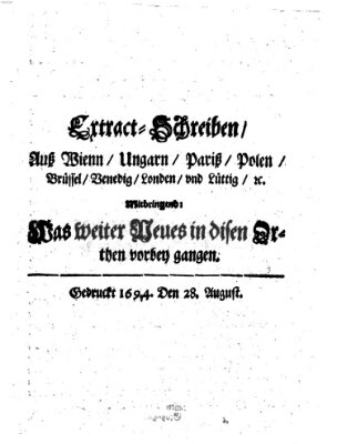 Mercurii Relation, oder wochentliche Reichs Ordinari Zeitungen, von underschidlichen Orthen (Süddeutsche Presse) Samstag 28. August 1694