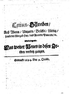 Mercurii Relation, oder wochentliche Reichs Ordinari Zeitungen, von underschidlichen Orthen (Süddeutsche Presse) Samstag 9. Oktober 1694