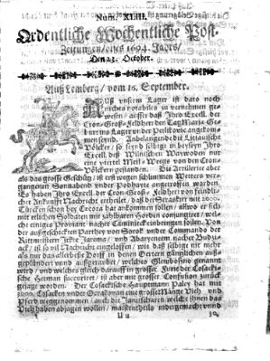 Ordentliche wochentliche Post-Zeitungen Samstag 23. Oktober 1694