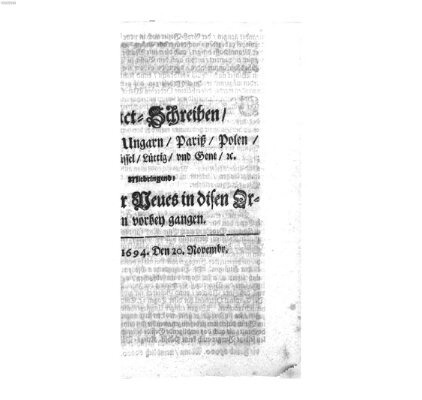 Mercurii Relation, oder wochentliche Reichs Ordinari Zeitungen, von underschidlichen Orthen (Süddeutsche Presse) Samstag 20. November 1694