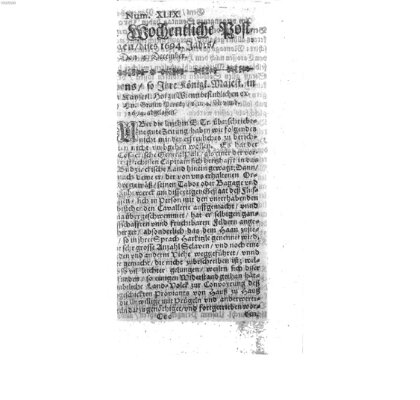 Ordentliche wochentliche Post-Zeitungen Samstag 4. Dezember 1694