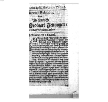 Mercurii Relation, oder wochentliche Reichs Ordinari Zeitungen, von underschidlichen Orthen (Süddeutsche Presse) Samstag 11. Dezember 1694