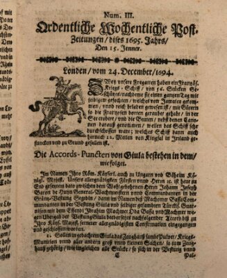 Ordentliche wochentliche Post-Zeitungen Samstag 15. Januar 1695