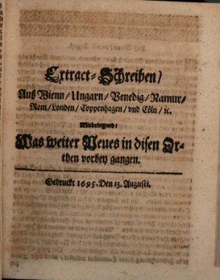 Mercurii Relation, oder wochentliche Reichs Ordinari Zeitungen, von underschidlichen Orthen (Süddeutsche Presse) Samstag 13. August 1695