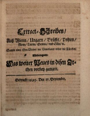 Mercurii Relation, oder wochentliche Reichs Ordinari Zeitungen, von underschidlichen Orthen (Süddeutsche Presse) Samstag 17. September 1695