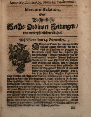 Mercurii Relation, oder wochentliche Reichs Ordinari Zeitungen, von underschidlichen Orthen (Süddeutsche Presse) Samstag 24. September 1695