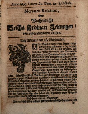 Mercurii Relation, oder wochentliche Reichs Ordinari Zeitungen, von underschidlichen Orthen (Süddeutsche Presse) Samstag 8. Oktober 1695