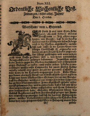 Ordentliche wochentliche Post-Zeitungen Samstag 8. Oktober 1695