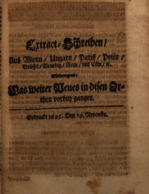 Mercurii Relation, oder wochentliche Reichs Ordinari Zeitungen, von underschidlichen Orthen (Süddeutsche Presse) Samstag 19. November 1695