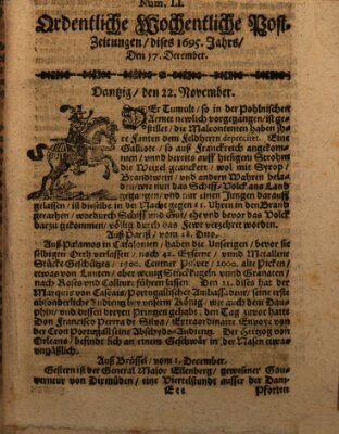 Ordentliche wochentliche Post-Zeitungen Samstag 17. Dezember 1695