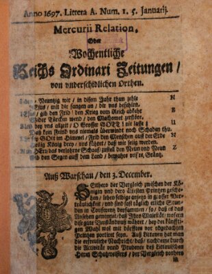 Mercurii Relation, oder wochentliche Reichs Ordinari Zeitungen, von underschidlichen Orthen (Süddeutsche Presse) Samstag 5. Januar 1697