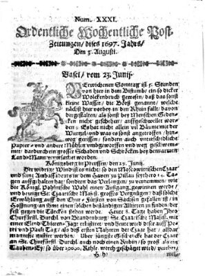 Ordentliche wochentliche Post-Zeitungen Samstag 3. August 1697