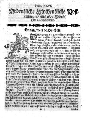 Ordentliche wochentliche Post-Zeitungen Samstag 16. November 1697