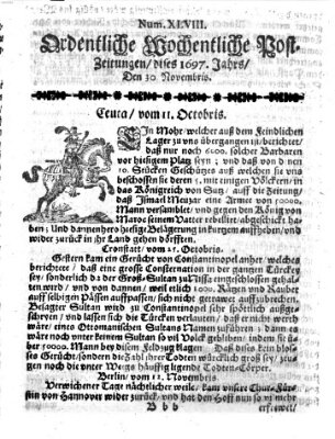 Ordentliche wochentliche Post-Zeitungen Samstag 30. November 1697