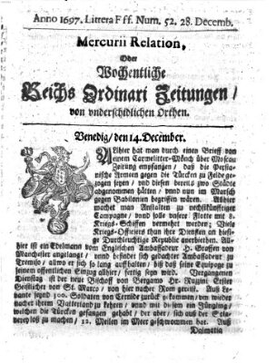 Mercurii Relation, oder wochentliche Reichs Ordinari Zeitungen, von underschidlichen Orthen (Süddeutsche Presse) Samstag 28. Dezember 1697