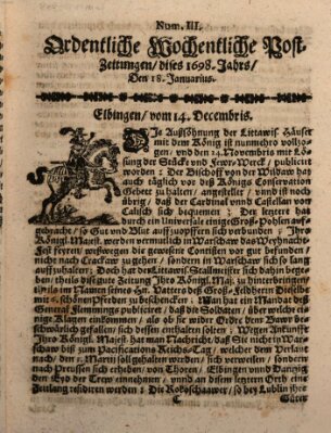 Ordentliche wochentliche Post-Zeitungen Samstag 18. Januar 1698