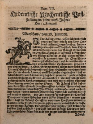 Ordentliche wochentliche Post-Zeitungen Samstag 15. Februar 1698