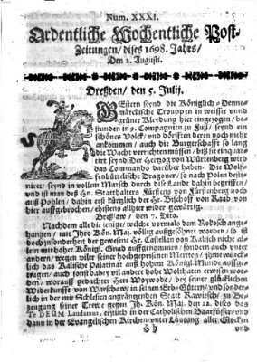 Ordentliche wochentliche Post-Zeitungen Samstag 2. August 1698