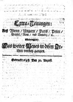 Mercurii Relation, oder wochentliche Reichs Ordinari Zeitungen, von underschidlichen Orthen (Süddeutsche Presse) Samstag 30. August 1698