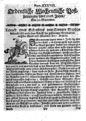 Ordentliche wochentliche Post-Zeitungen Samstag 20. September 1698