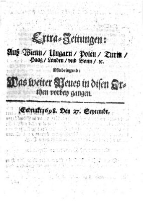 Mercurii Relation, oder wochentliche Reichs Ordinari Zeitungen, von underschidlichen Orthen (Süddeutsche Presse) Samstag 27. September 1698