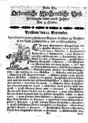 Ordentliche wochentliche Post-Zeitungen Samstag 4. Oktober 1698