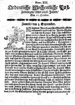 Ordentliche wochentliche Post-Zeitungen Samstag 11. Oktober 1698