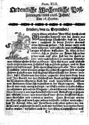 Ordentliche wochentliche Post-Zeitungen Samstag 18. Oktober 1698