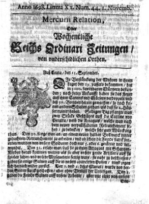 Mercurii Relation, oder wochentliche Reichs Ordinari Zeitungen, von underschidlichen Orthen (Süddeutsche Presse) Samstag 1. November 1698