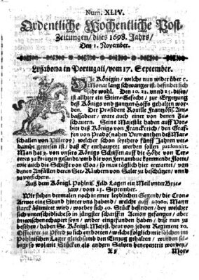 Ordentliche wochentliche Post-Zeitungen Samstag 1. November 1698