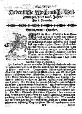 Ordentliche wochentliche Post-Zeitungen Samstag 8. November 1698