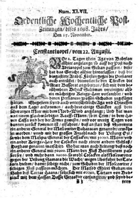 Ordentliche wochentliche Post-Zeitungen Samstag 15. November 1698