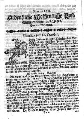 Ordentliche wochentliche Post-Zeitungen Samstag 22. November 1698