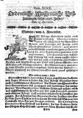 Ordentliche wochentliche Post-Zeitungen Samstag 13. Dezember 1698