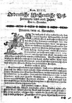 Ordentliche wochentliche Post-Zeitungen Samstag 20. Dezember 1698