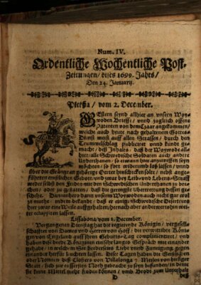 Ordentliche wochentliche Post-Zeitungen Samstag 24. Januar 1699