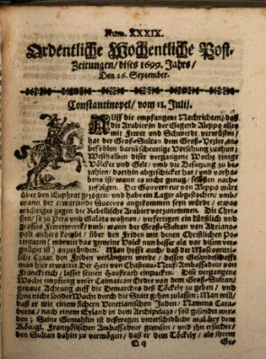 Ordentliche wochentliche Post-Zeitungen Samstag 26. September 1699