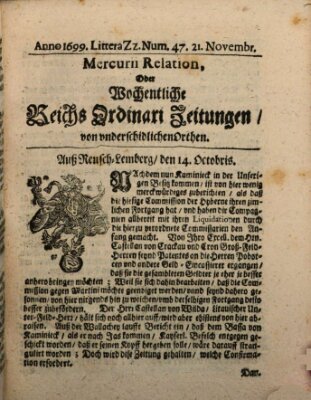 Mercurii Relation, oder wochentliche Reichs Ordinari Zeitungen, von underschidlichen Orthen (Süddeutsche Presse) Samstag 21. November 1699