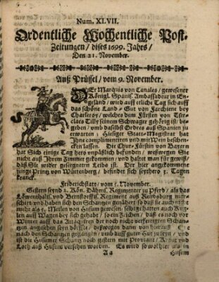 Ordentliche wochentliche Post-Zeitungen Samstag 21. November 1699