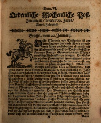 Ordentliche wochentliche Post-Zeitungen Samstag 6. Februar 1700